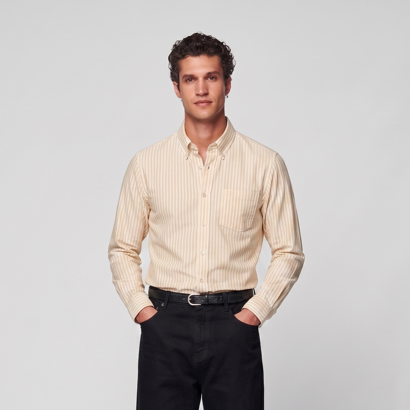 Mens premium pastel yellow striped Oxford shirt styled for smart casual wear