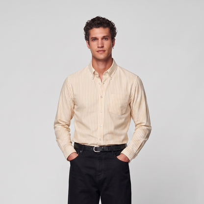 Mens premium pastel yellow striped Oxford shirt styled for smart casual wear