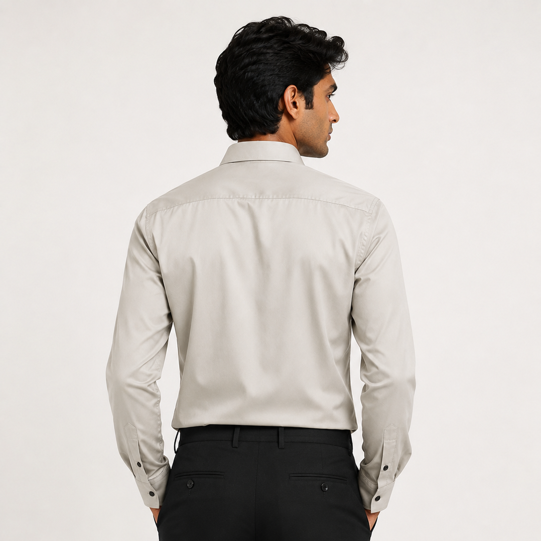 Premium Pearl Grey Satin Shirt for Men Back View on Model
