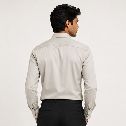 Premium Pearl Grey Satin Shirt for Men Back View on Model