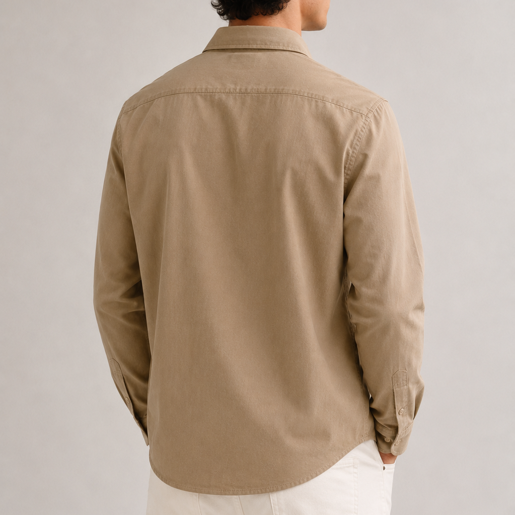 Premium Sand Beige Cotton Linen Shirt for Men Back View on Model