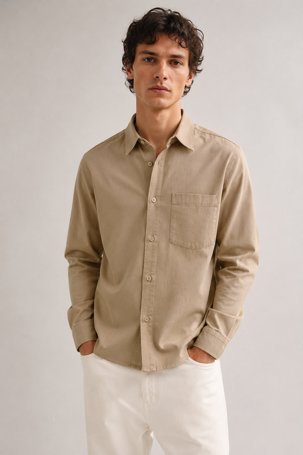 Premium Sand Beige Cotton Linen Shirt for Men Styled on Model