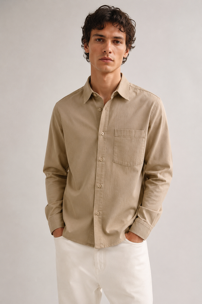 Premium Sand Beige Cotton Linen Shirt for Men Styled on Model