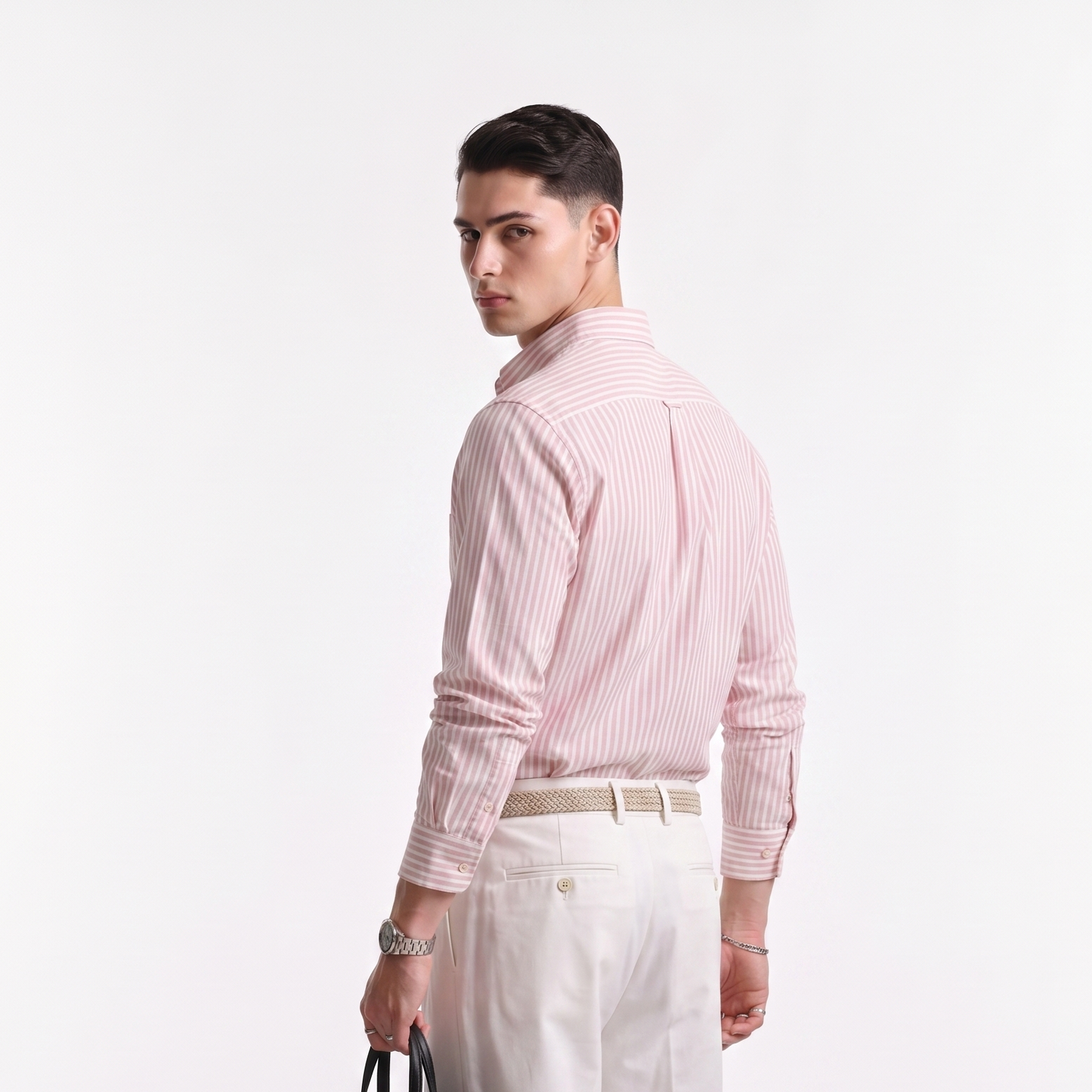 Mens premium soft pink striped Oxford shirt styled for smart casual wear