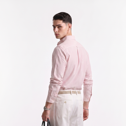 Mens premium soft pink striped Oxford shirt styled for smart casual wear