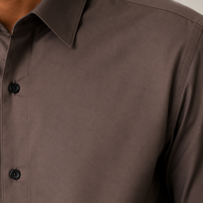 Close Up View of Premium Taupe Brown Satin Shirt Fabric and Collar