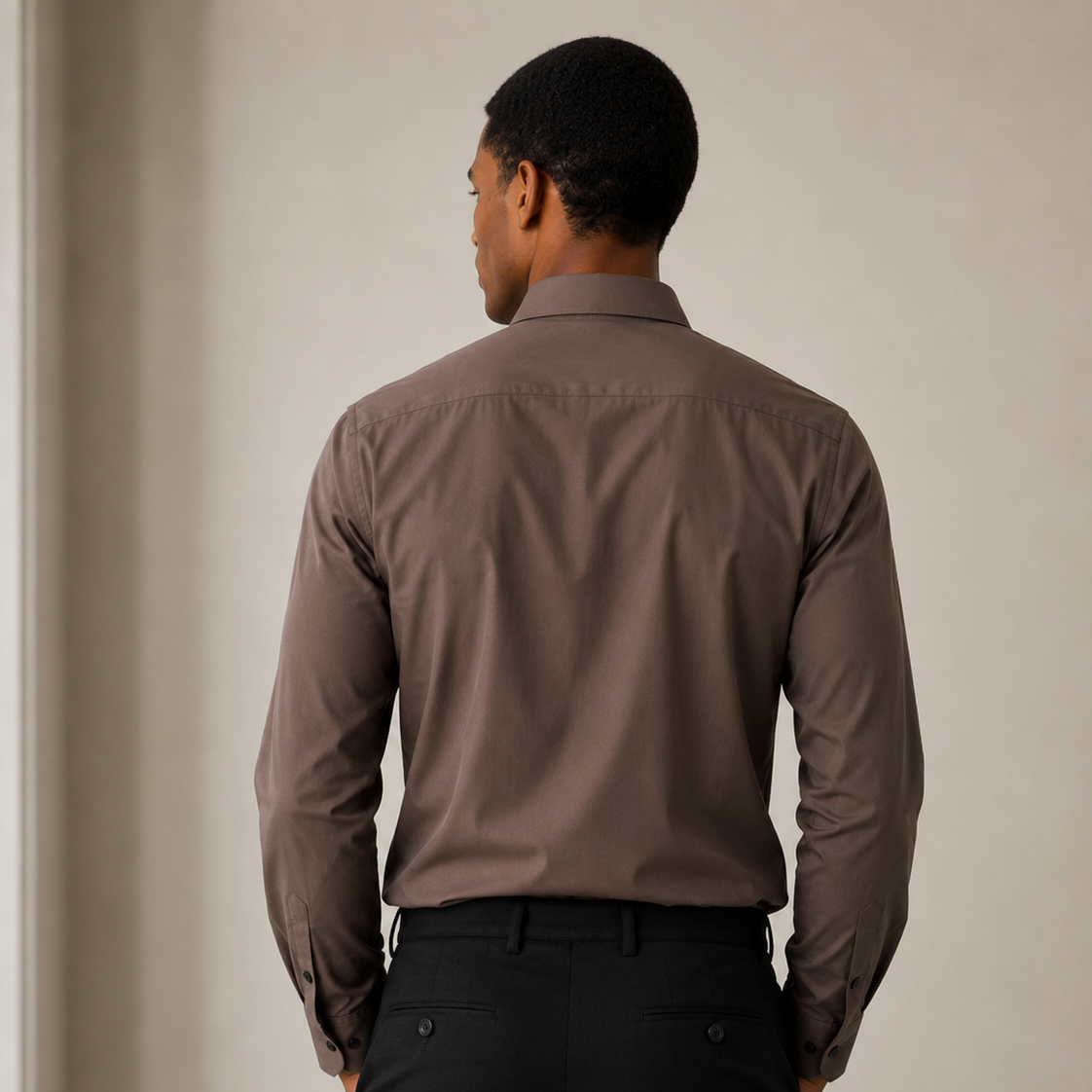 Premium Taupe Brown Satin Shirt for Men Back View on Model