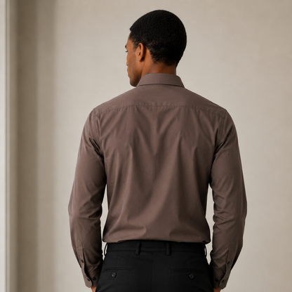 Premium Taupe Brown Satin Shirt for Men Back View on Model