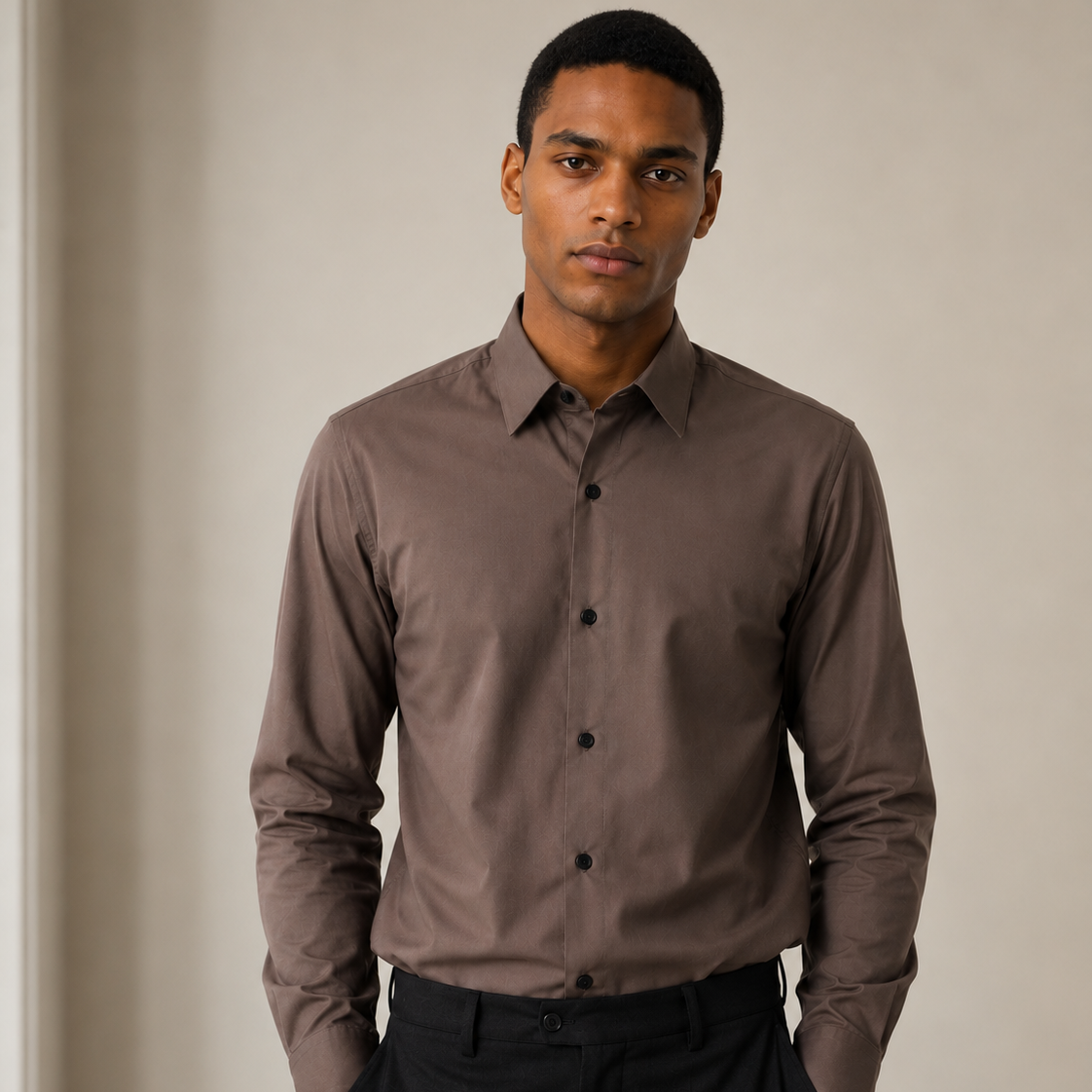 Premium Taupe Brown Satin Shirt for Men Styled on Model