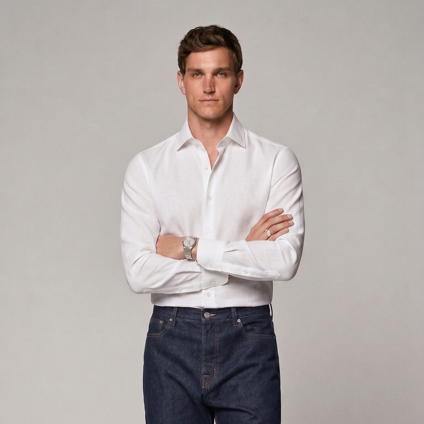 Mens premium white linen shirt styled with smart casual outfit