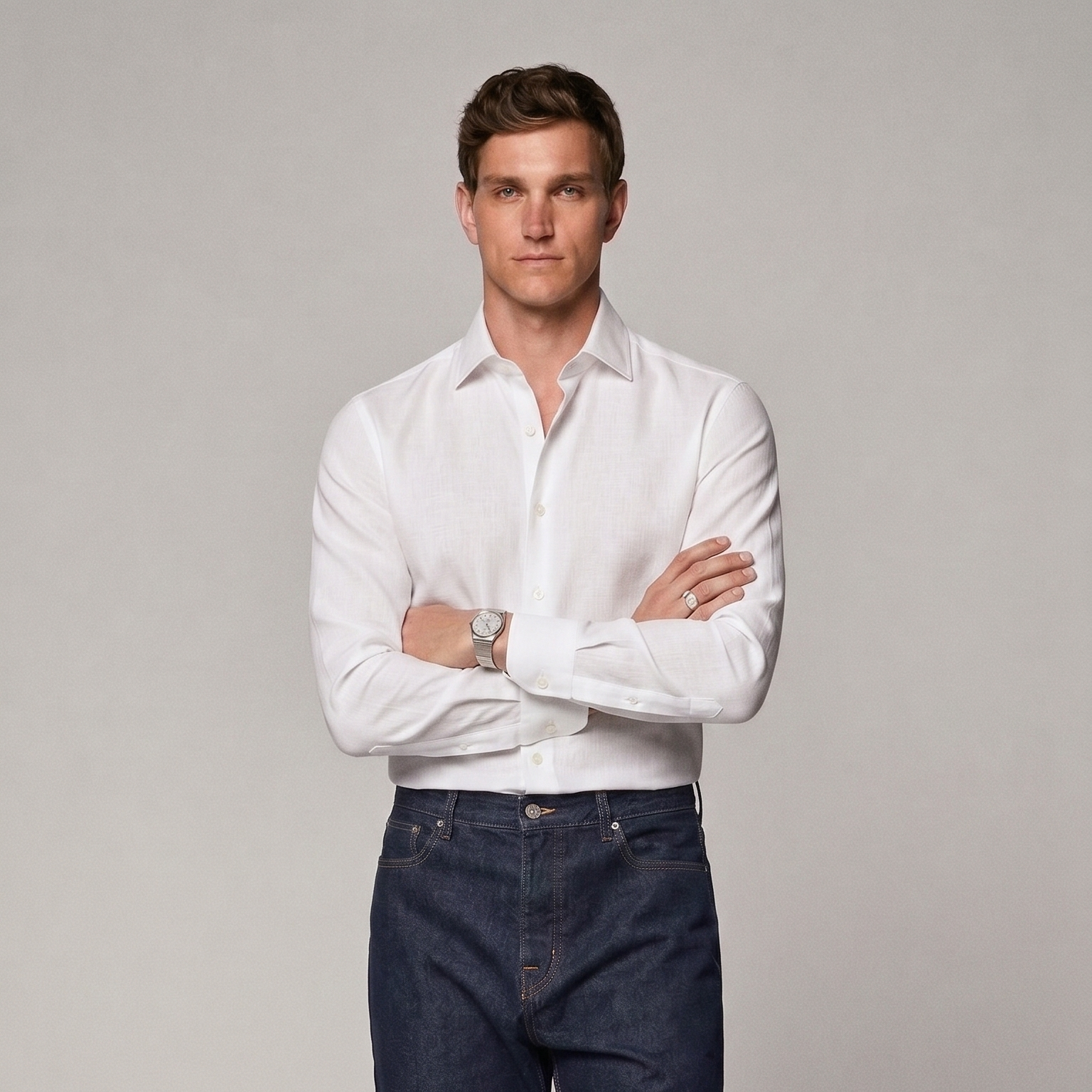 Mens premium white linen shirt styled with smart casual outfit
