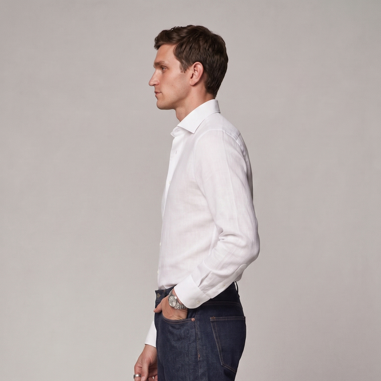 Mens premium white linen shirt styled for minimal summer fashion