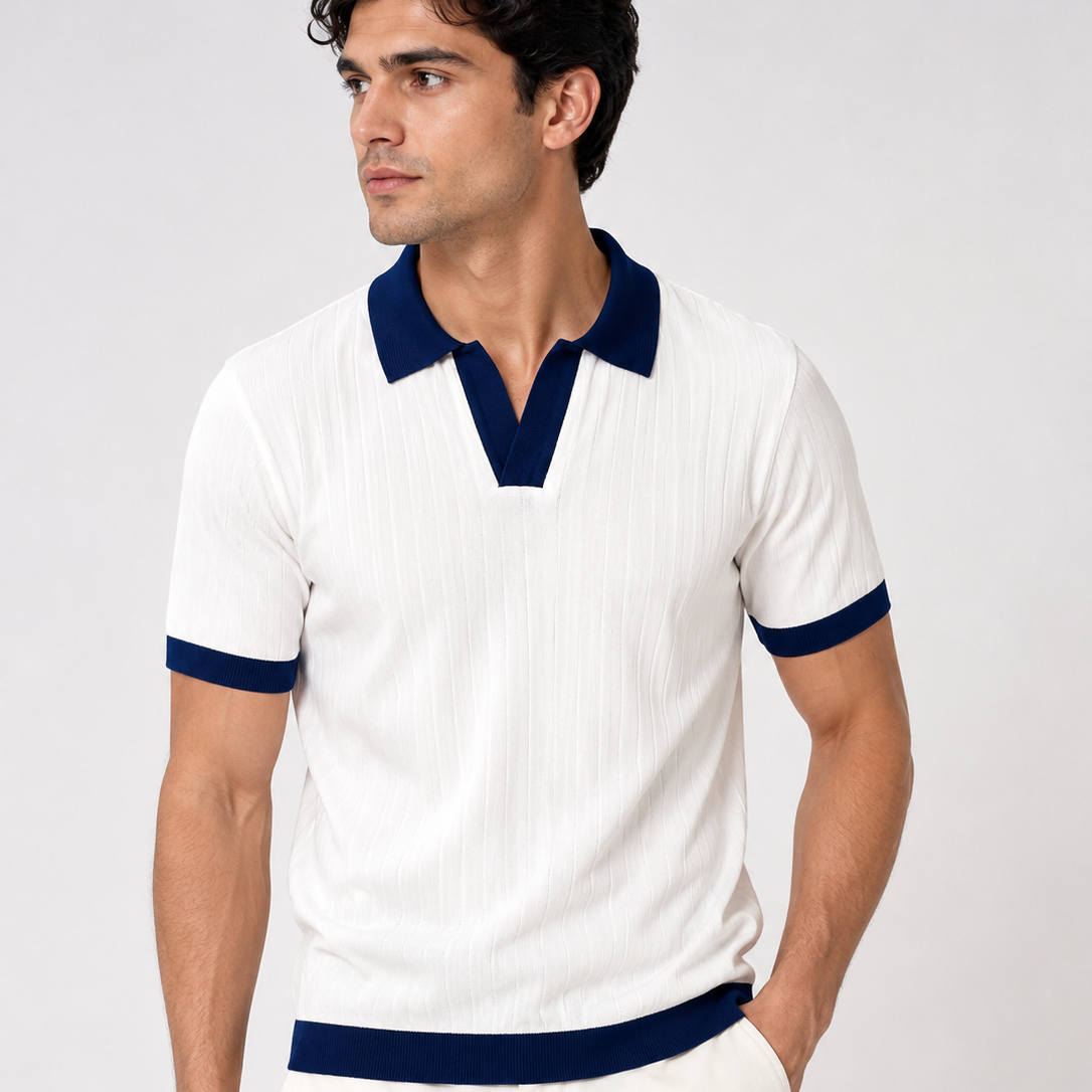 Model Wearing Premium White and Navy Polo T Shirt for Men
