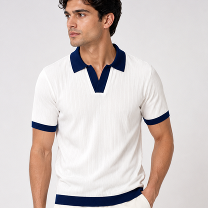 Model Wearing Premium White and Navy Polo T Shirt for Men