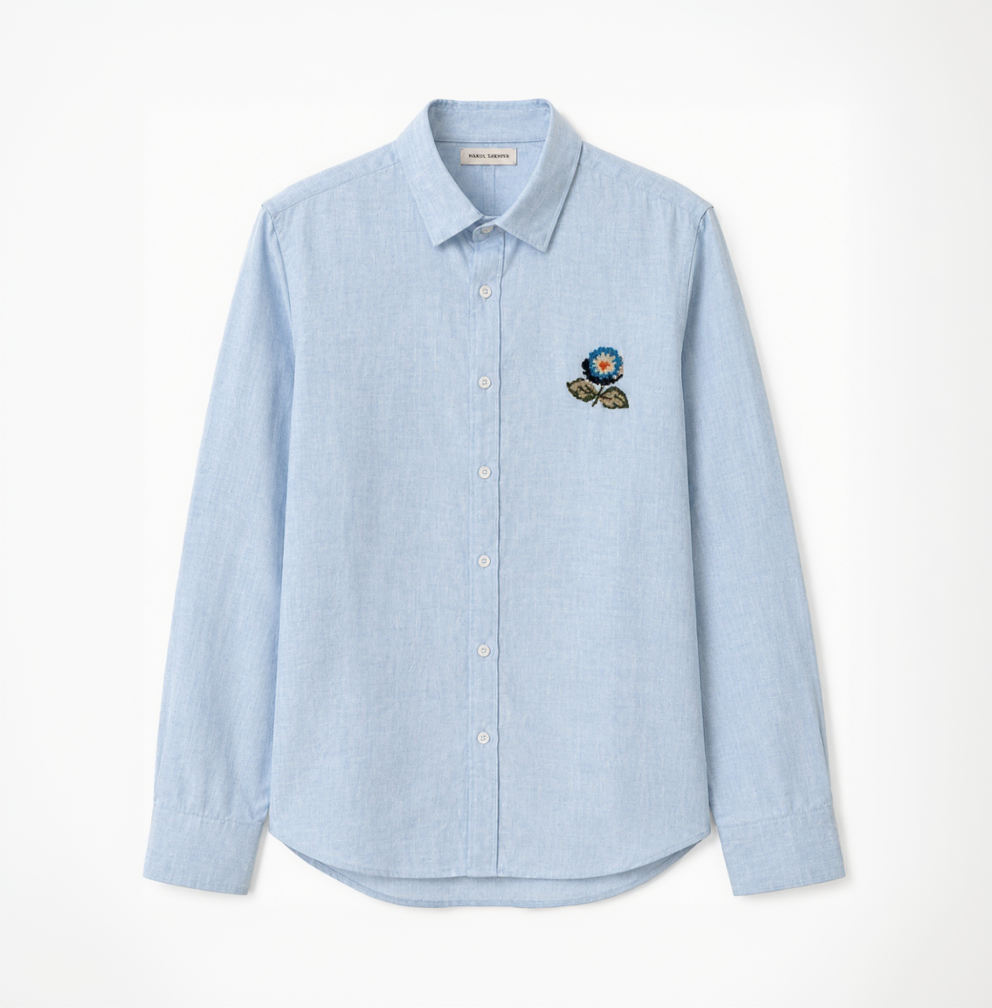 Premium sky blue embroidered linen shirt for men by Nakul Sakhiya