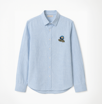 Premium sky blue embroidered linen shirt for men by Nakul Sakhiya